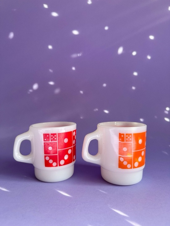 Fire King Other - Vintage Orange & Red Domino Stacking Fire King Milk Glass Mugs